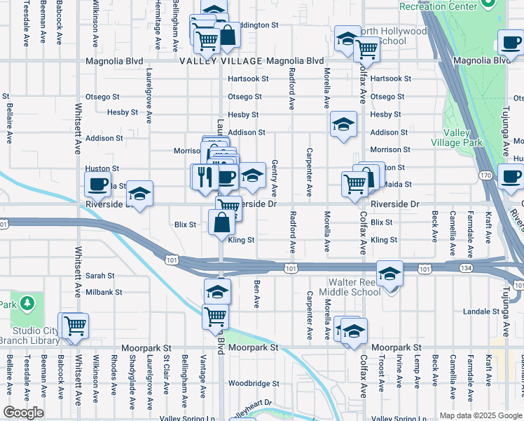 map of restaurants, bars, coffee shops, grocery stores, and more near 4807 Gentry Avenue in Los Angeles