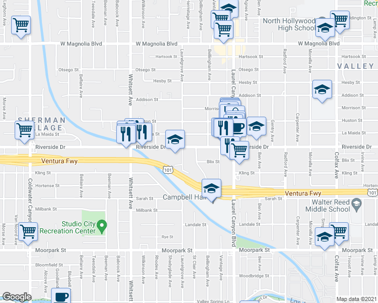 map of restaurants, bars, coffee shops, grocery stores, and more near 4809 Laurelgrove Avenue in Los Angeles
