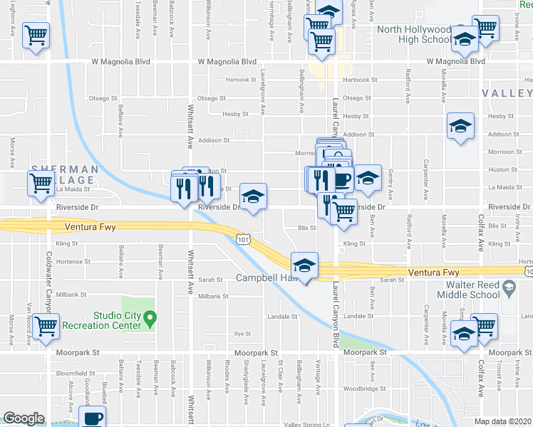 map of restaurants, bars, coffee shops, grocery stores, and more near 4809 Laurelgrove Avenue in Los Angeles