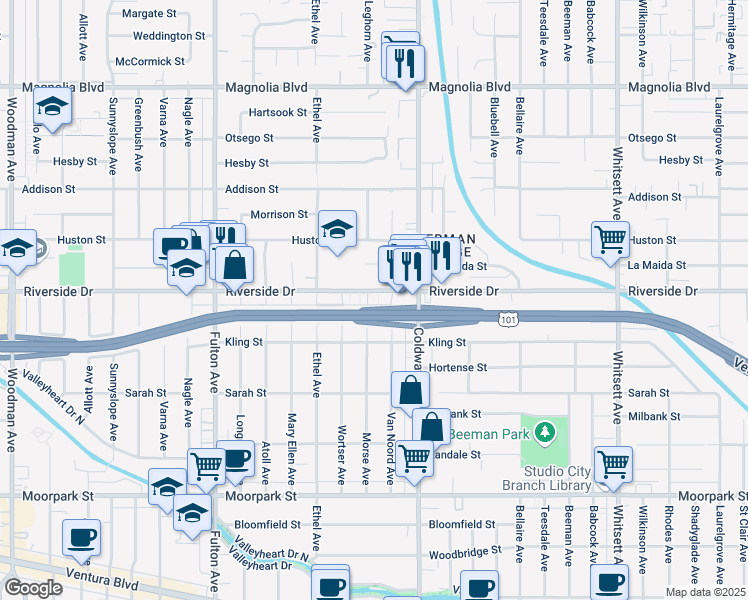map of restaurants, bars, coffee shops, grocery stores, and more near 12955 Riverside Drive in Los Angeles