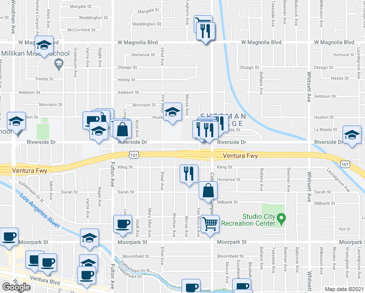 map of restaurants, bars, coffee shops, grocery stores, and more near 12955 Riverside Drive in Los Angeles