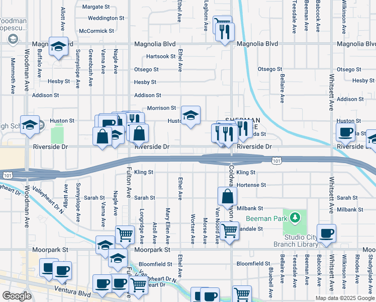 map of restaurants, bars, coffee shops, grocery stores, and more near 13061 Riverside Drive in Los Angeles