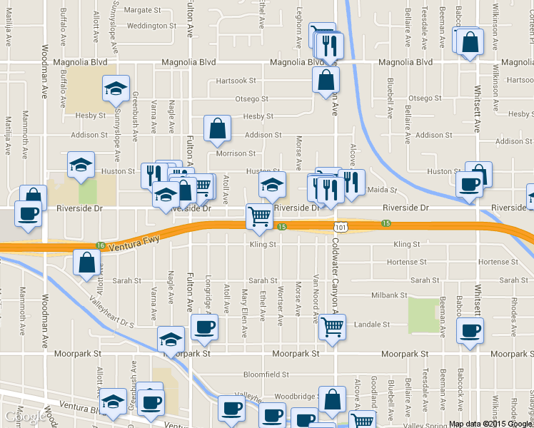 map of restaurants, bars, coffee shops, grocery stores, and more near 13061 Riverside Drive in Los Angeles