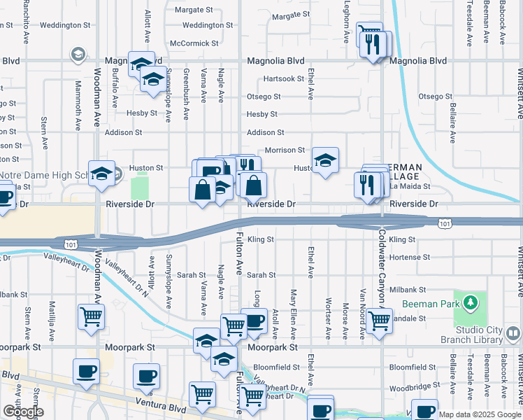 map of restaurants, bars, coffee shops, grocery stores, and more near 13220 Riverside Drive in Los Angeles