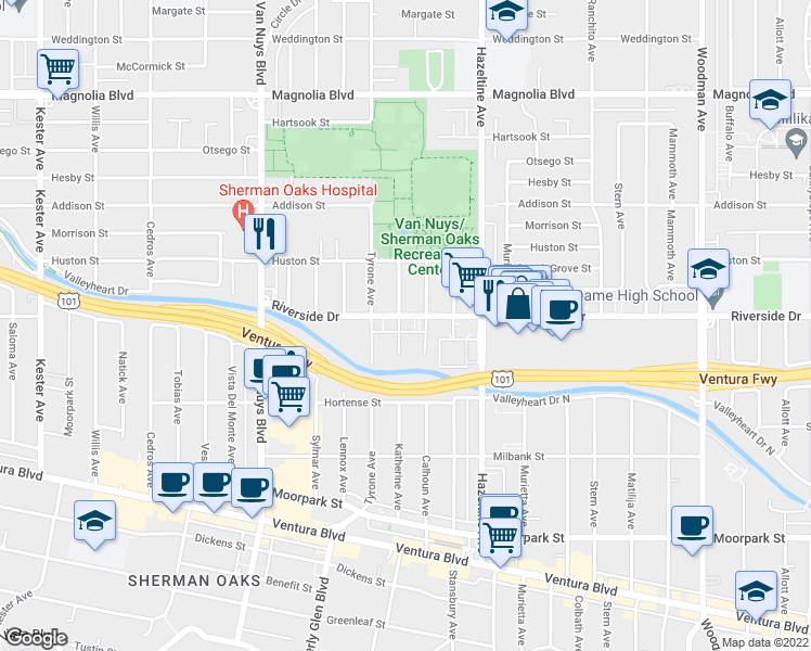 map of restaurants, bars, coffee shops, grocery stores, and more near 14225 Riverside Drive in Los Angeles