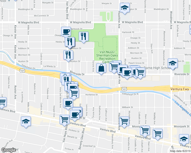map of restaurants, bars, coffee shops, grocery stores, and more near 4817 Tyrone Avenue in Los Angeles