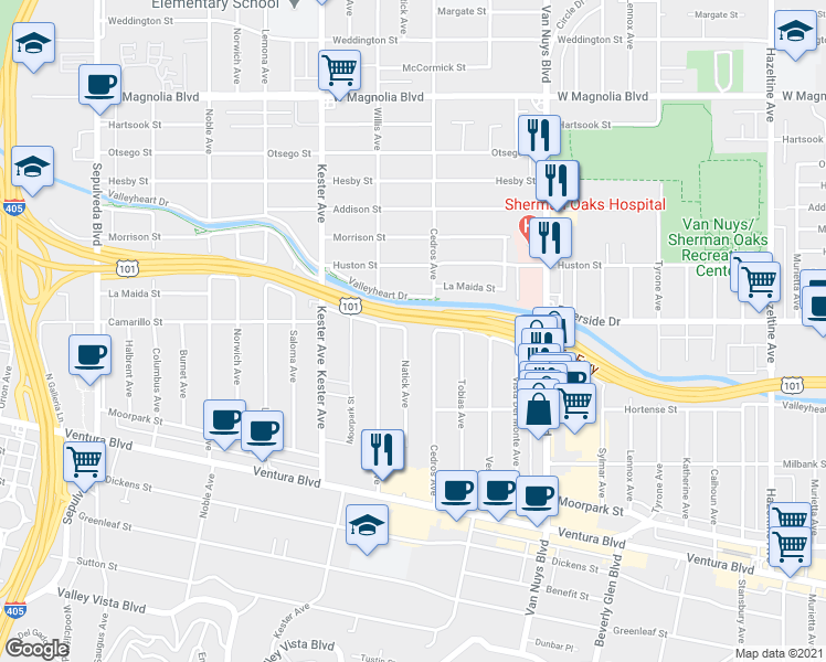map of restaurants, bars, coffee shops, grocery stores, and more near 4755 Cedros Avenue in Los Angeles