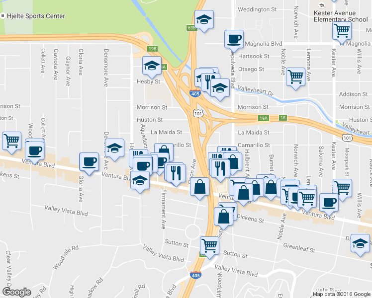 map of restaurants, bars, coffee shops, grocery stores, and more near 4811 Orion Avenue in Los Angeles