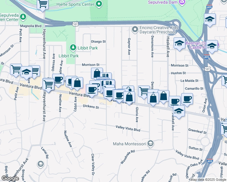 map of restaurants, bars, coffee shops, grocery stores, and more near 4837 Gaviota Avenue in Los Angeles