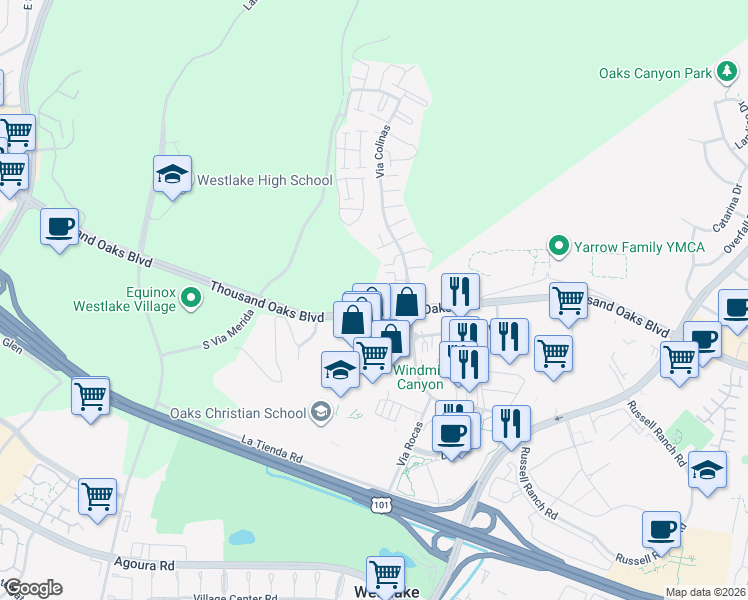 map of restaurants, bars, coffee shops, grocery stores, and more near 109 Via Colinas in Westlake Village