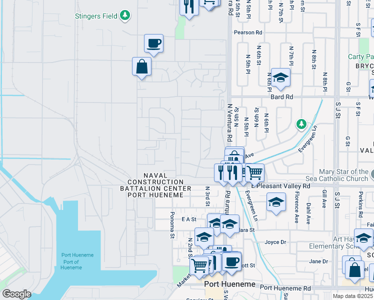 map of restaurants, bars, coffee shops, grocery stores, and more near 1000-1098 Tinian in Port Hueneme