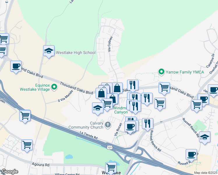 map of restaurants, bars, coffee shops, grocery stores, and more near 65 Via Colinas in Westlake Village