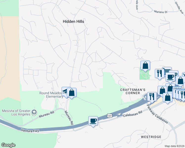 map of restaurants, bars, coffee shops, grocery stores, and more near 5302 Scott Robertson Road in Hidden Hills