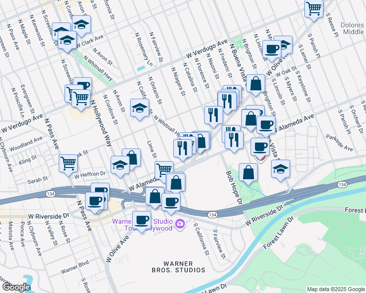 map of restaurants, bars, coffee shops, grocery stores, and more near 115 North Whitnall Highway in Burbank