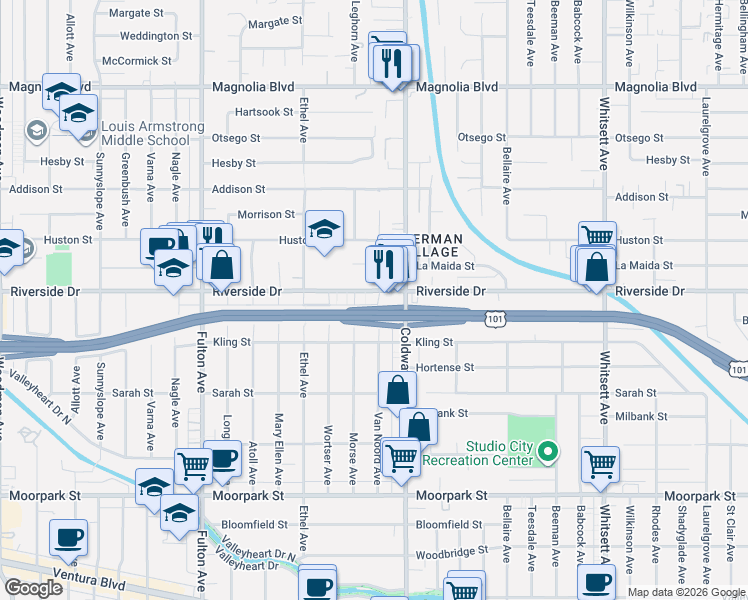 map of restaurants, bars, coffee shops, grocery stores, and more near 12940 Riverside Drive in Los Angeles