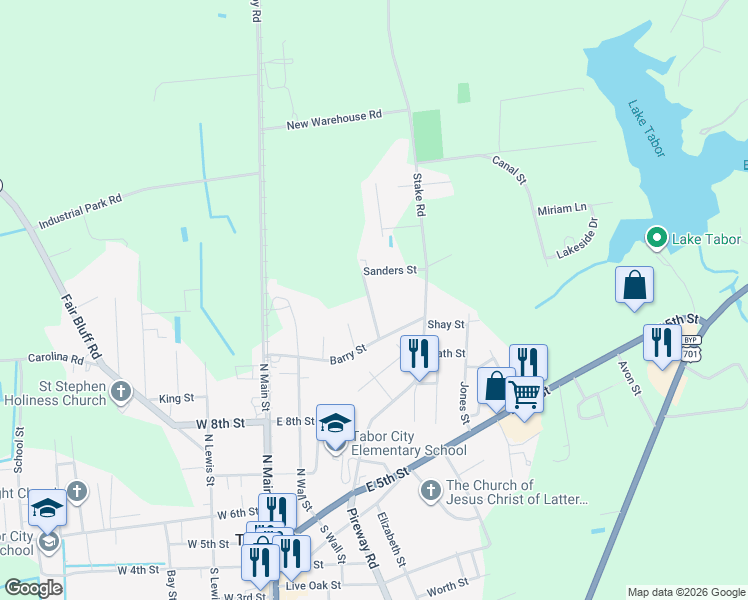map of restaurants, bars, coffee shops, grocery stores, and more near 111-119 Sanders Street in Tabor City