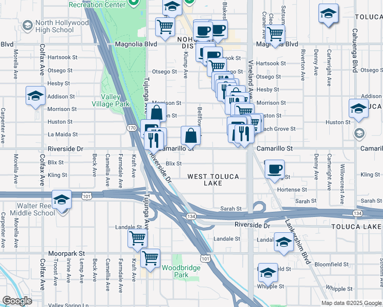 map of restaurants, bars, coffee shops, grocery stores, and more near 11218 Camarillo Street in Los Angeles