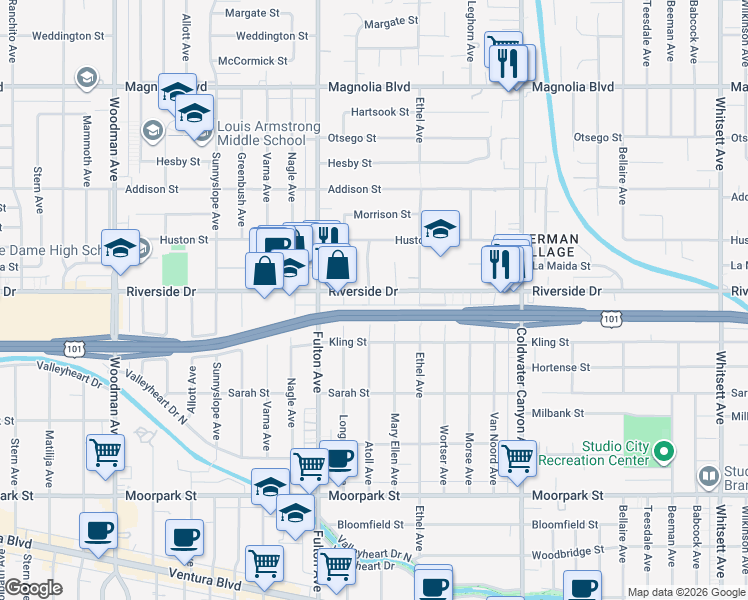map of restaurants, bars, coffee shops, grocery stores, and more near 13156 Riverside Drive in Los Angeles