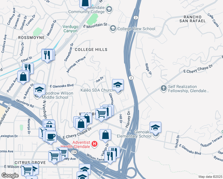 map of restaurants, bars, coffee shops, grocery stores, and more near 688 Glenmore Boulevard in Glendale