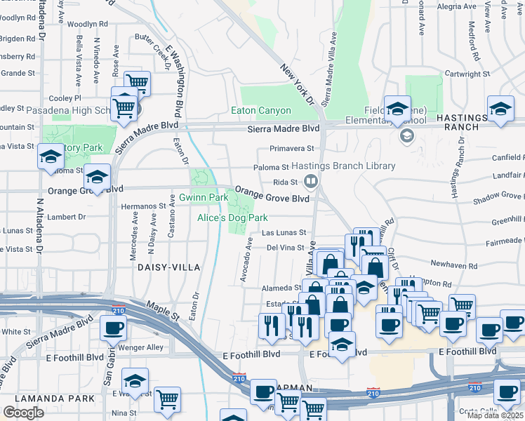 map of restaurants, bars, coffee shops, grocery stores, and more near 3175 Hermanos Street in Pasadena
