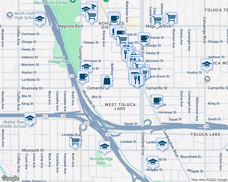 map of restaurants, bars, coffee shops, grocery stores, and more near 11162 Camarillo Street in Los Angeles