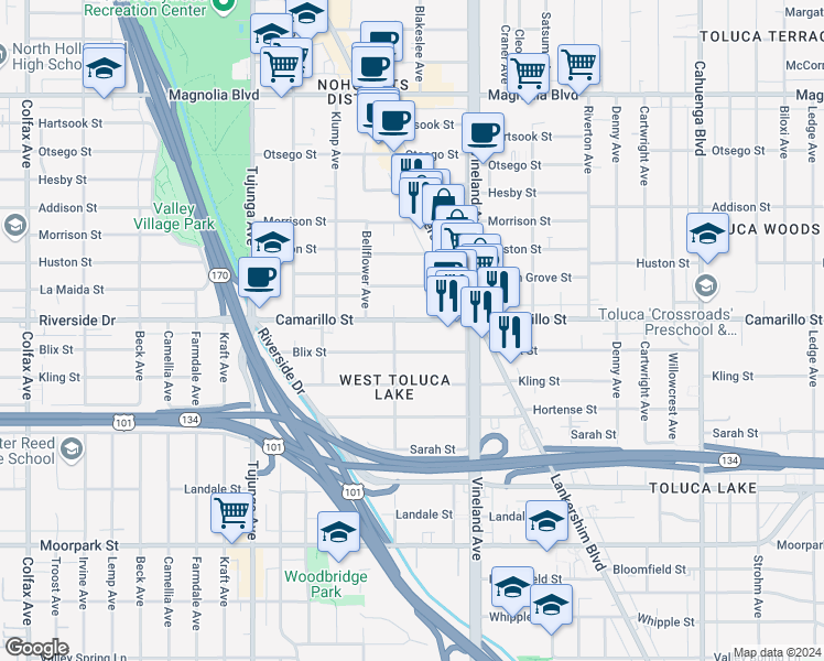 map of restaurants, bars, coffee shops, grocery stores, and more near 11110 Camarillo Street in Los Angeles