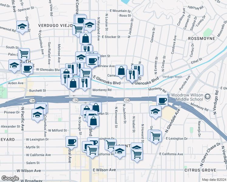 map of restaurants, bars, coffee shops, grocery stores, and more near 725 North Kenwood Street in Glendale