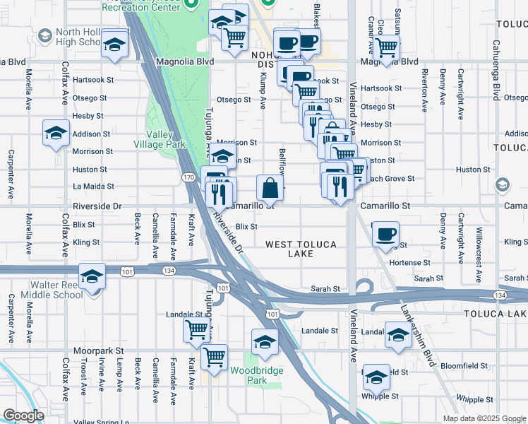 map of restaurants, bars, coffee shops, grocery stores, and more near 4810 Klump Avenue in Los Angeles