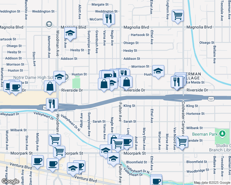 map of restaurants, bars, coffee shops, grocery stores, and more near 13351 Riverside Drive in Los Angeles