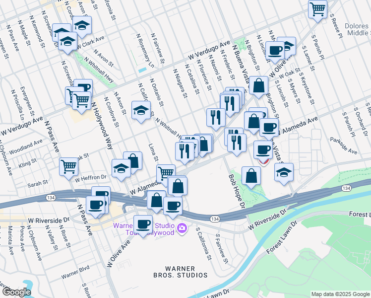 map of restaurants, bars, coffee shops, grocery stores, and more near 115 North Whitnall Highway in Burbank