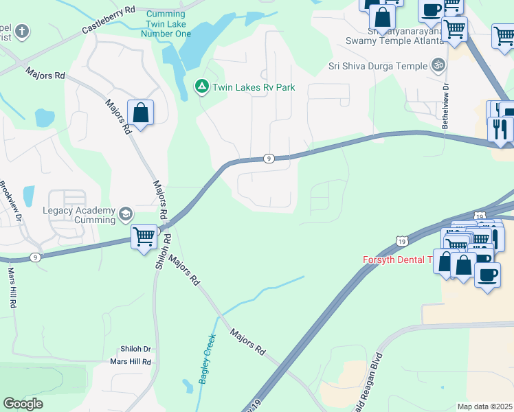 map of restaurants, bars, coffee shops, grocery stores, and more near 3144 Cross Creek Drive in Cumming