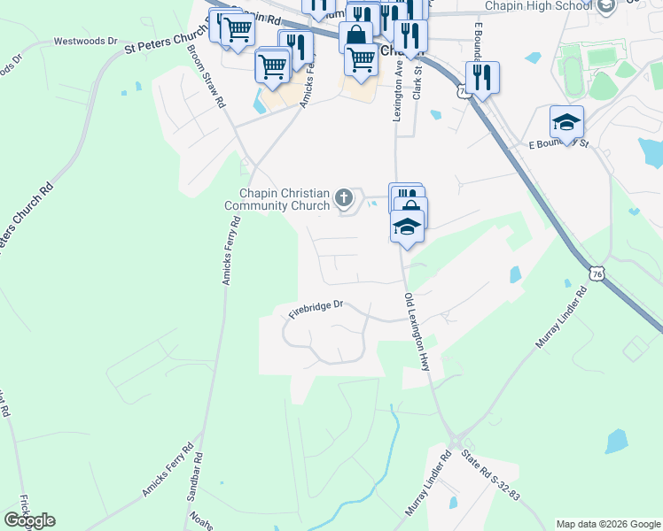 map of restaurants, bars, coffee shops, grocery stores, and more near 165 Fair Haven Way in Chapin