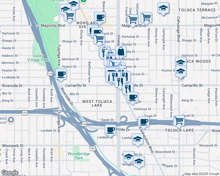 map of restaurants, bars, coffee shops, grocery stores, and more near in Los Angeles