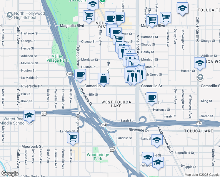 map of restaurants, bars, coffee shops, grocery stores, and more near 11162 Camarillo Street in Los Angeles