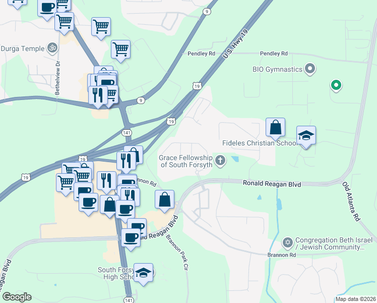 map of restaurants, bars, coffee shops, grocery stores, and more near 3220 Steinbeck Street in Cumming