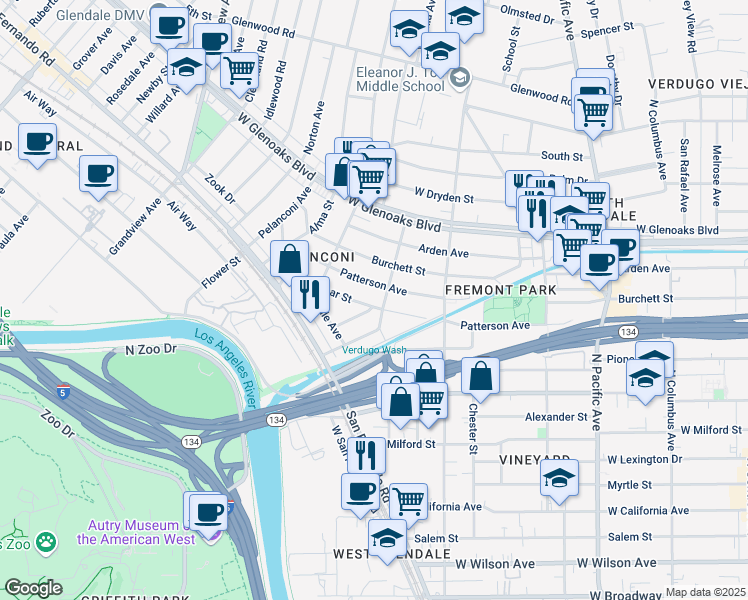map of restaurants, bars, coffee shops, grocery stores, and more near 809 Omar Street in Glendale