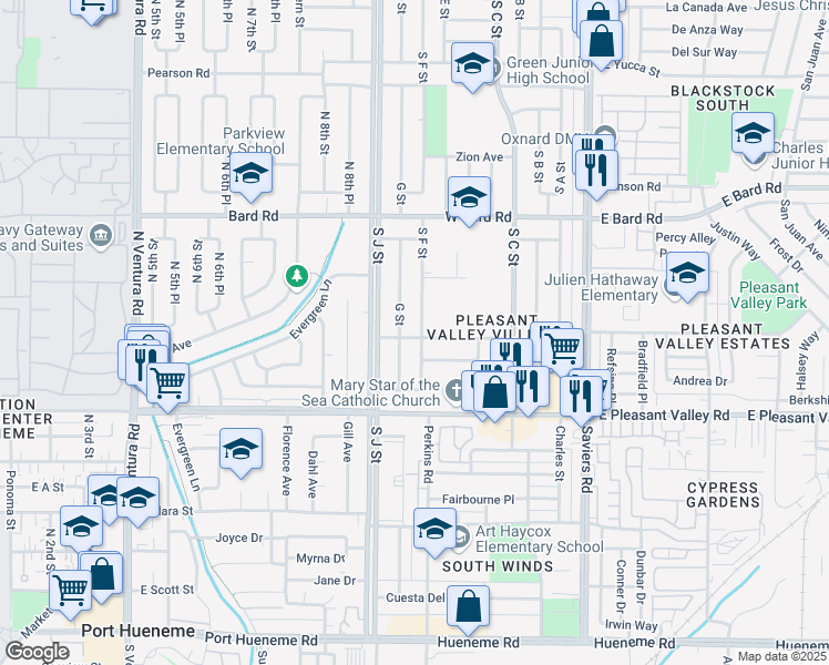 map of restaurants, bars, coffee shops, grocery stores, and more near South F Street in Oxnard