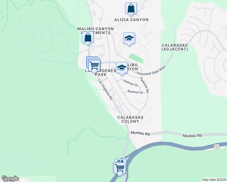map of restaurants, bars, coffee shops, grocery stores, and more near 5544 Las Virgenes Road in Calabasas