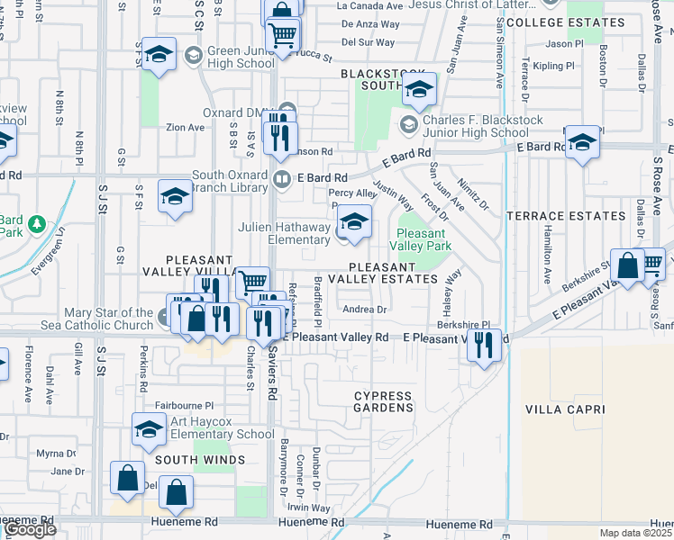 map of restaurants, bars, coffee shops, grocery stores, and more near 405 East Dollie Street in Oxnard