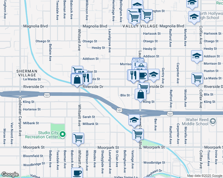 map of restaurants, bars, coffee shops, grocery stores, and more near 4809 Laurelgrove Avenue in Los Angeles