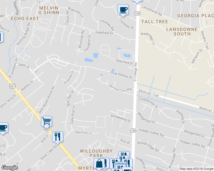 map of restaurants, bars, coffee shops, grocery stores, and more near 4400 Jasmine Cove Way in Wilmington