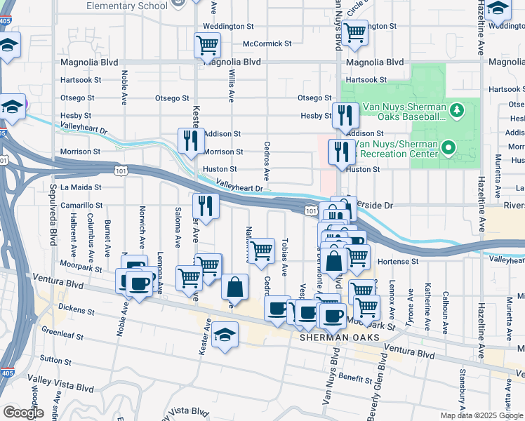 map of restaurants, bars, coffee shops, grocery stores, and more near 4755 Cedros Avenue in Los Angeles