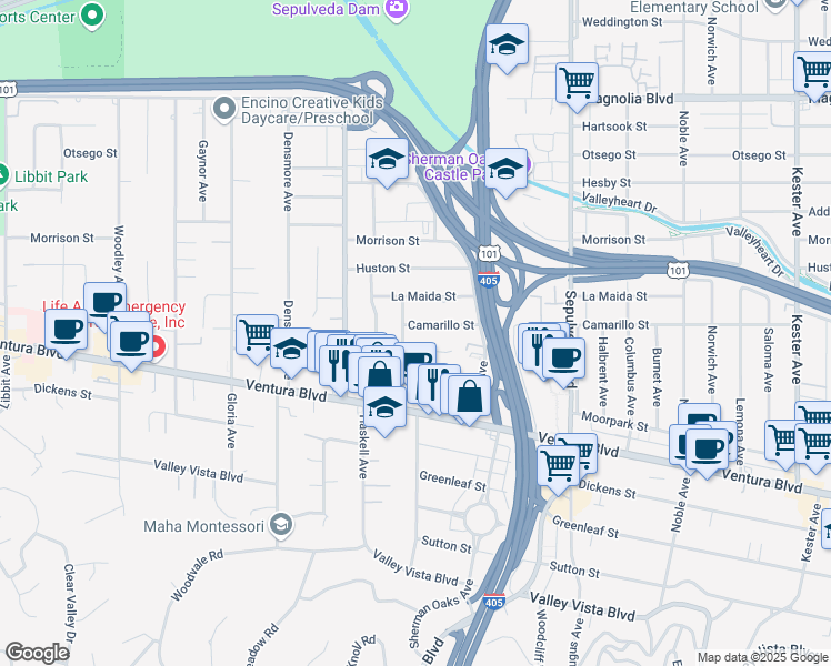 map of restaurants, bars, coffee shops, grocery stores, and more near 15500 Camarillo Street in Los Angeles