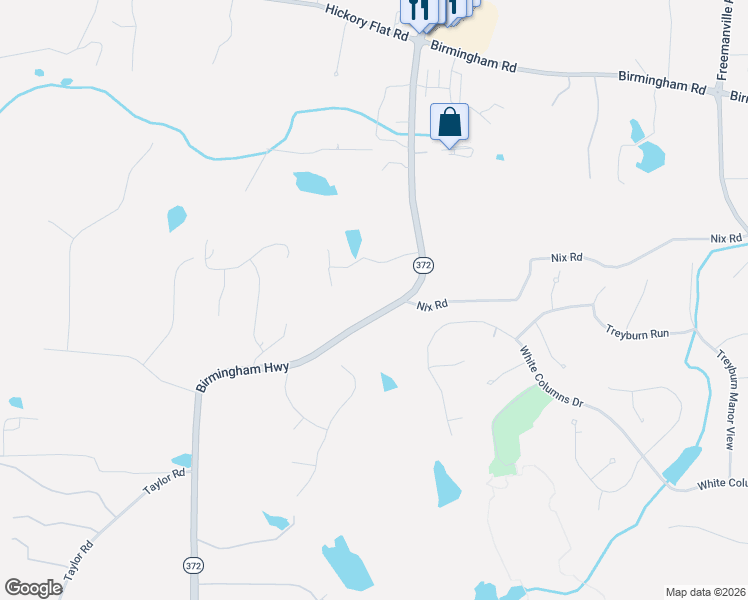 map of restaurants, bars, coffee shops, grocery stores, and more near 15450 Birmingham Highway in Alpharetta