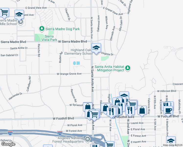 map of restaurants, bars, coffee shops, grocery stores, and more near 2 West Orange Grove Avenue in Arcadia