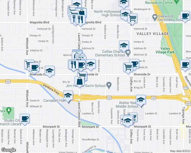 map of restaurants, bars, coffee shops, grocery stores, and more near 11950 Riverside Drive in Los Angeles