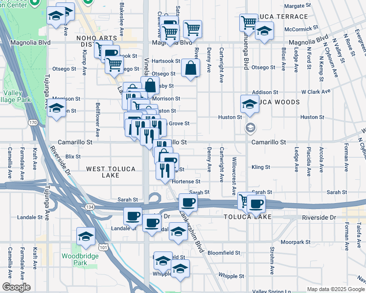 map of restaurants, bars, coffee shops, grocery stores, and more near 10815 Camarillo Street in Los Angeles