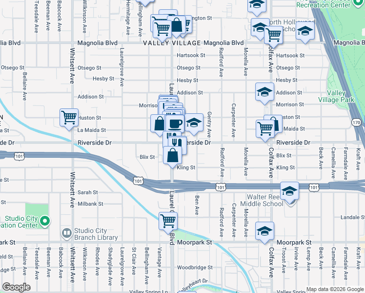 map of restaurants, bars, coffee shops, grocery stores, and more near 12021 Riverside Drive in Los Angeles