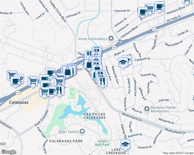 map of restaurants, bars, coffee shops, grocery stores, and more near 23343 Mulholland Drive in Los Angeles