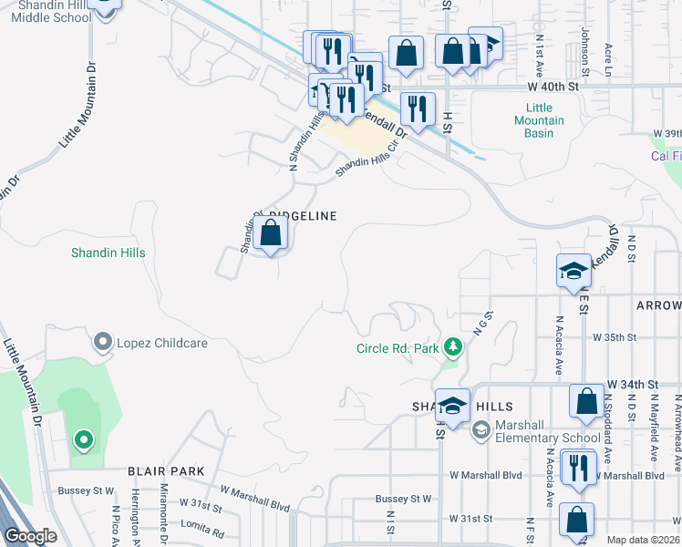 map of restaurants, bars, coffee shops, grocery stores, and more near 3550 Ridge Line Drive in San Bernardino